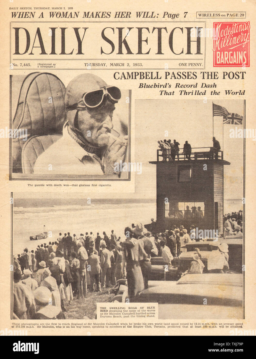 1933 tägliche Skizze Startseite Berichterstattung Sir Malcolm Campbell Geschwindigkeitsrekord im Bluebird in Daytona Beach Stockfoto