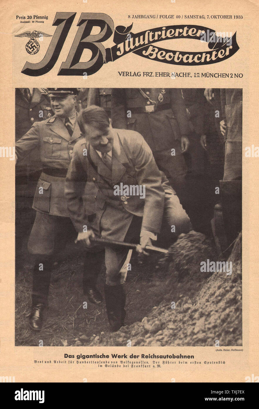 1935 Illustrierte Beobachter Vorderseite reporting Adolf Hitler hilft Bau des Reichs der Autobahn bei Frankfurt Start Stockfoto