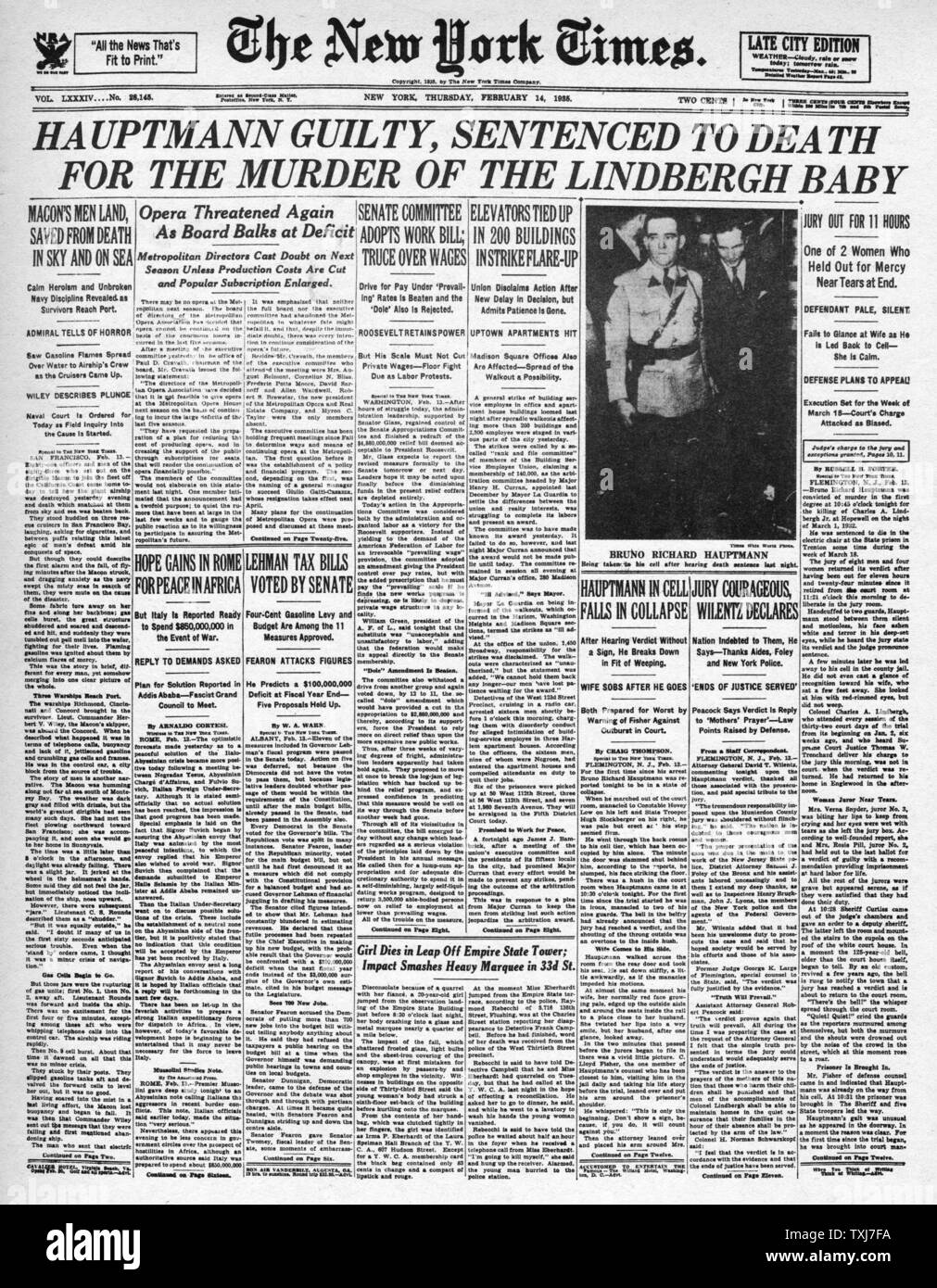 1935 New York Times Startseite Berichterstattung Charles Lindbergh Baby entführen Bruno Hauptmann schuldig Stockfoto