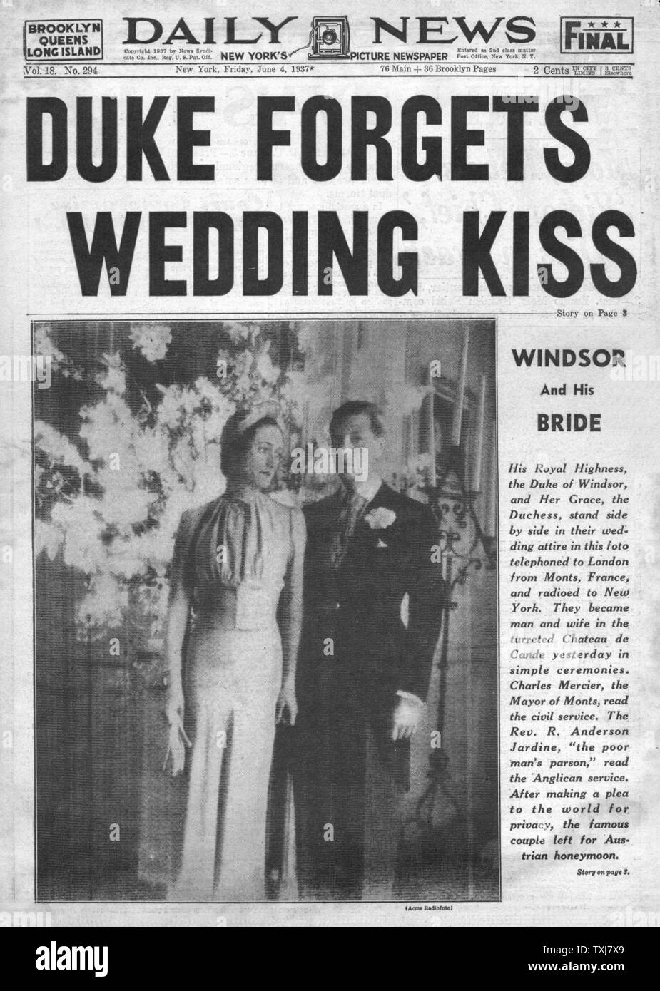 1937 Daily News (New York) Vorderseite Herzog von Windsor heiratet Wallis Simpson in Frankreich Stockfoto