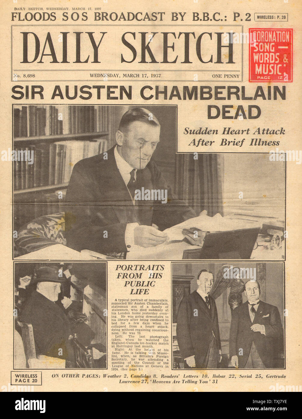 1937 tägliche Skizze Vorderseite Tod von staatsmann Sir Austen Chamberlain Stockfoto