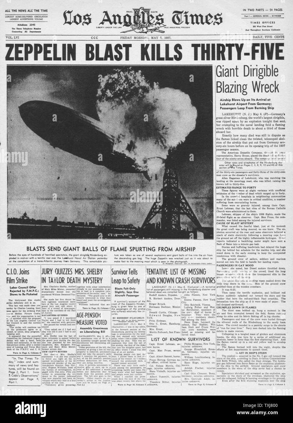 1937 Los Angeles Times mal Front page Hindenburg zeppelin Disaster Stockfoto