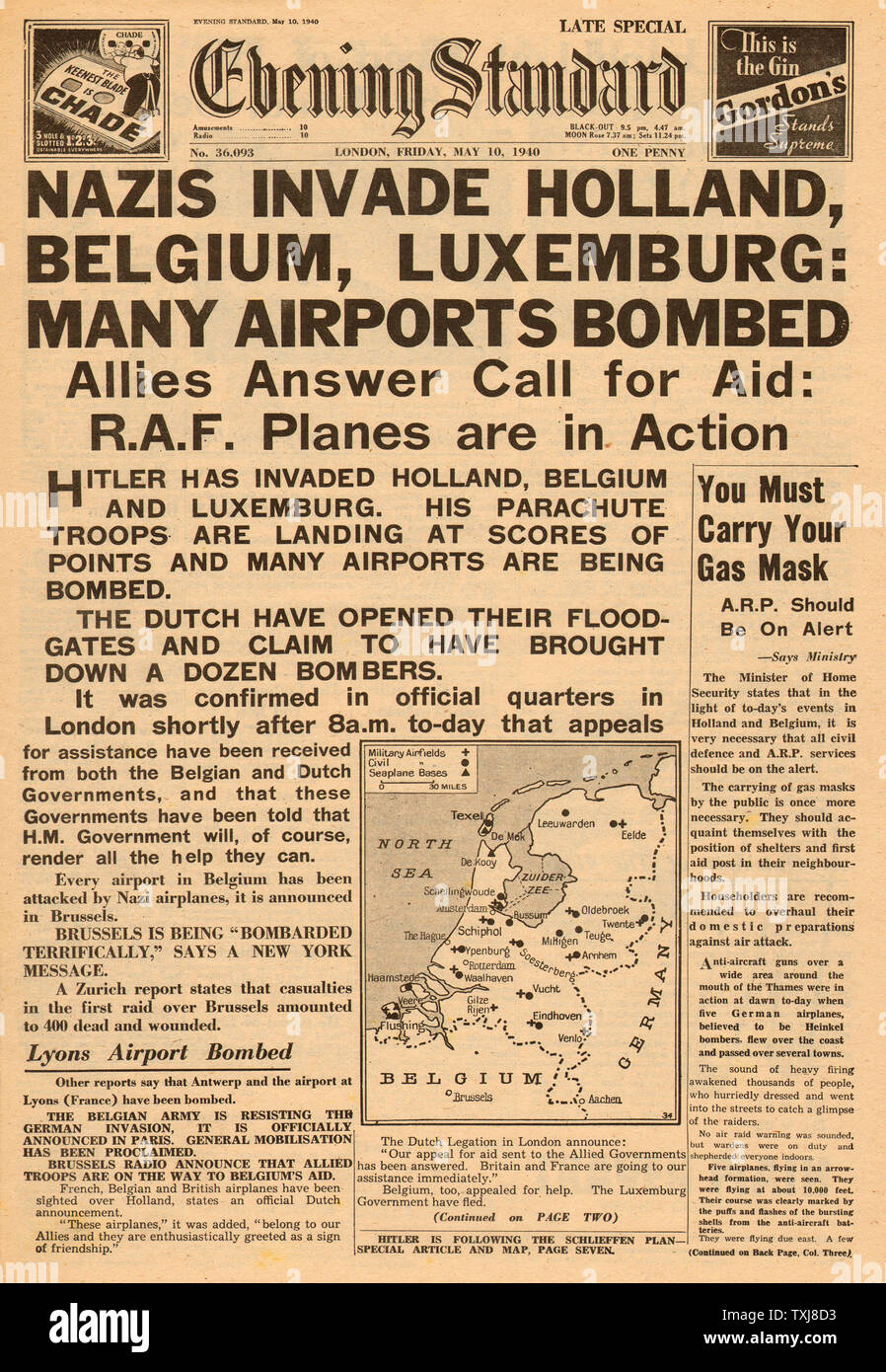 1940 Evening Standard Einmarsch der Nazis in Holland, Belgien und Luxemburg Stockfoto
