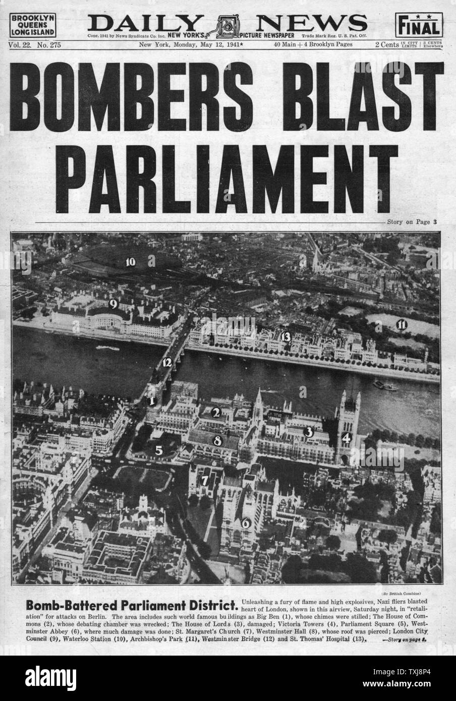 1941 Daily News (New York) Britischen Parlament bombardiert Stockfoto