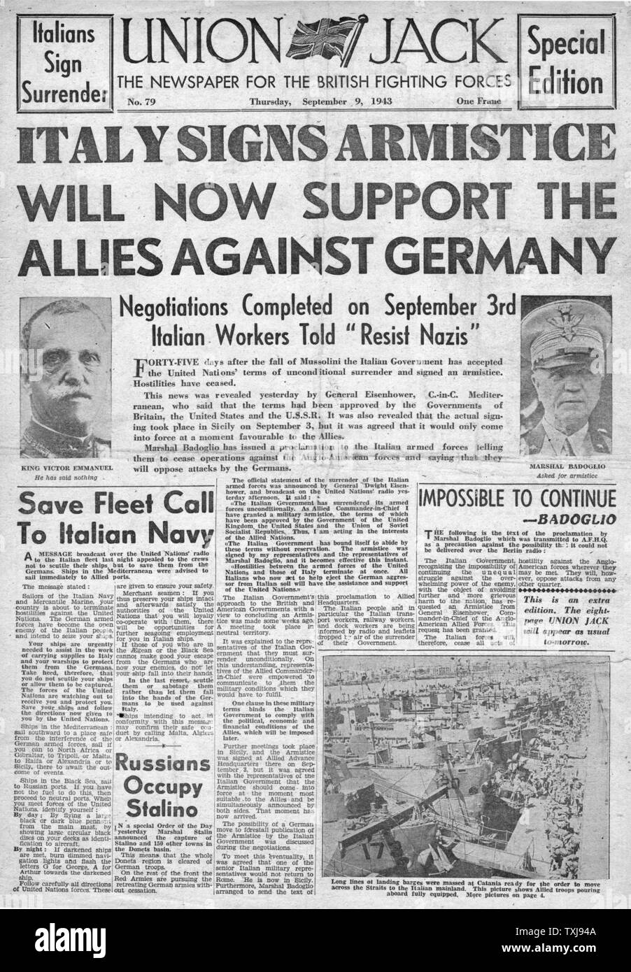 1943 Union Jack (Britische Militär Papier) Italien übergibt Stockfoto