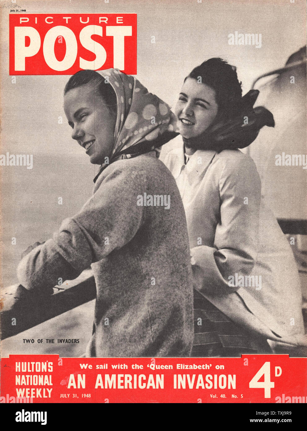 1948 Bild Post Magazine Vorderseite zwei amerikanische Mädchen nach England reisen an Bord der Queen Elizabeth Stockfoto