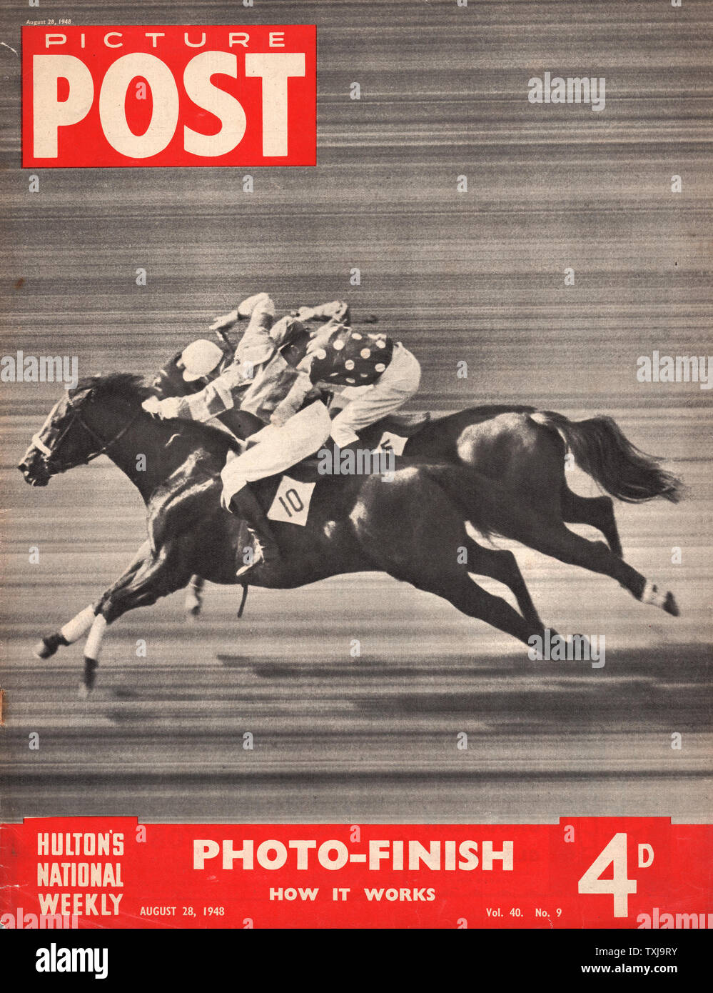 1948 Bild Post Magazine Vorderseite zeigt ein Pferd Rennen Foto Finish Stockfoto