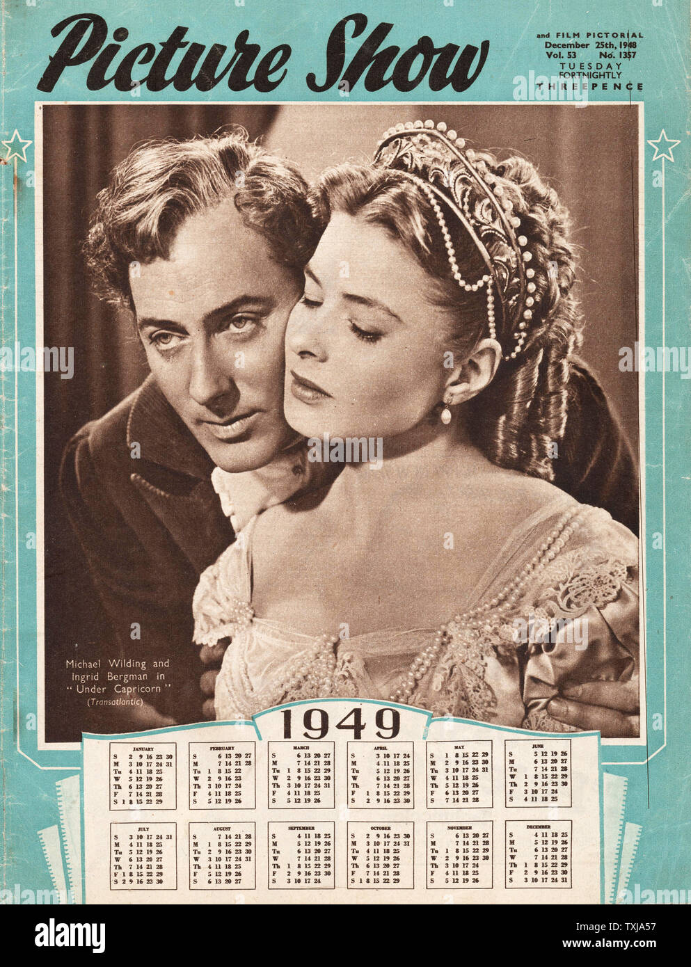 1948 Picture Show Magazin Startseite Schauspieler Michael Wilding und Schauspielerin Ingrid Bergman unter Steinbock Stockfoto