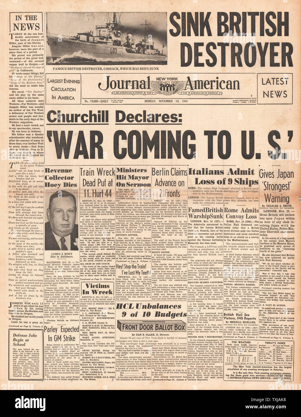 1941 Front page New York Journal Amerikanische Schlacht des Duisburger Konvoi und HMS Kosak gesunken Stockfoto