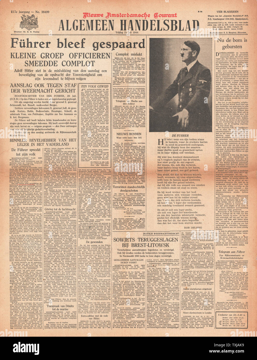 1944 ALGEMEEN HANDELSBLAD Zeitung Titelseite Attentat auf Adolf Hitler Stockfoto