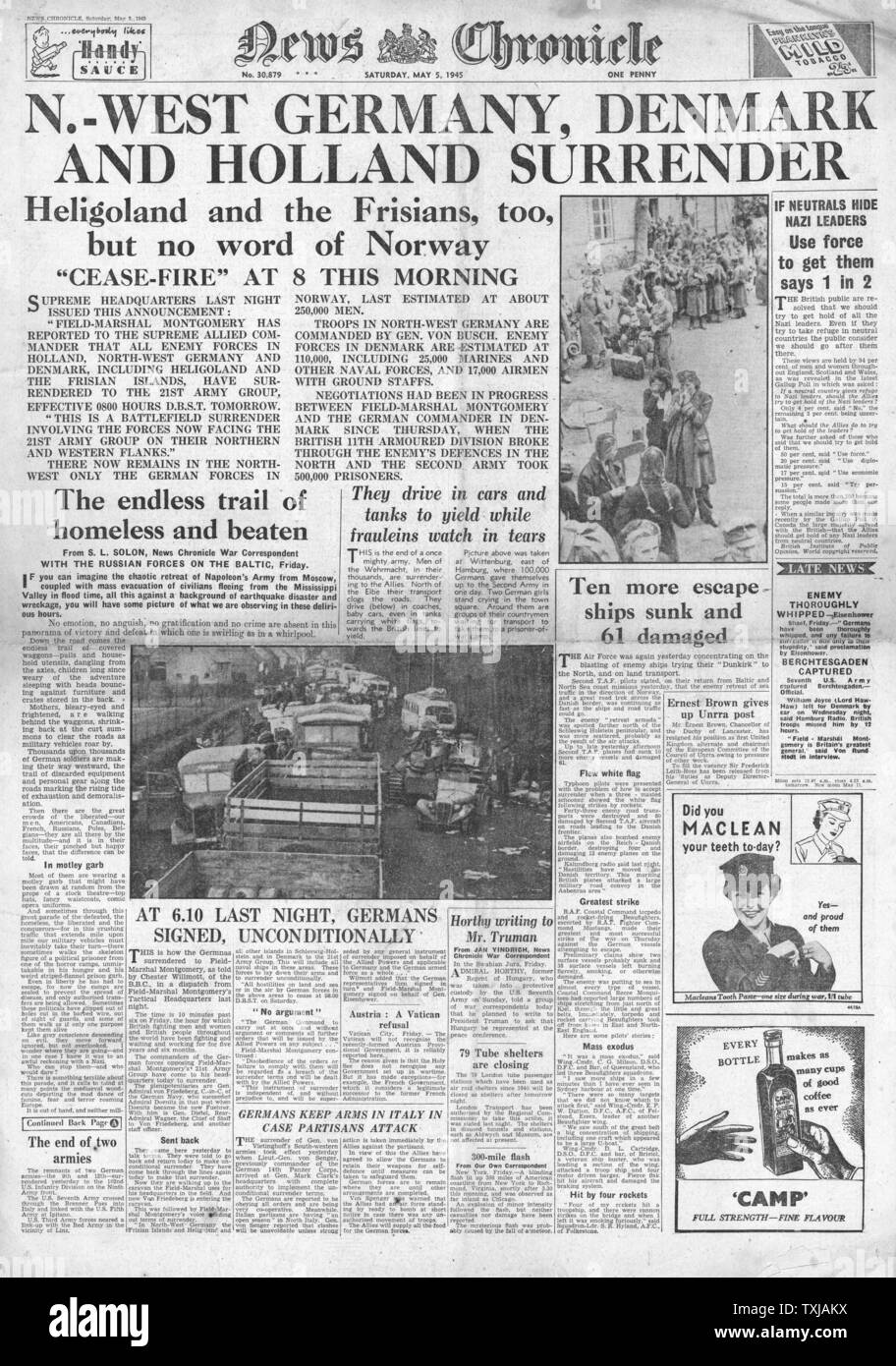 1945 News Chronicle Titelseite Berichterstattung Deutschland kapituliert in Dänemark, Holland und N. W. Germany Stockfoto