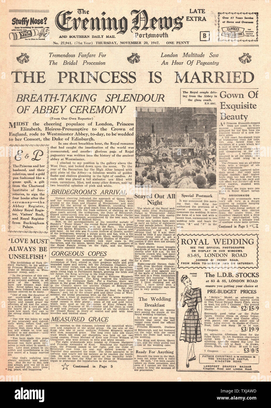 1947 Evening News (Portsmouth) Zeitung Startseite Prinzessin Elizabeth heiratet Philip Mountbatten, Herzog von Edinburgh Stockfoto