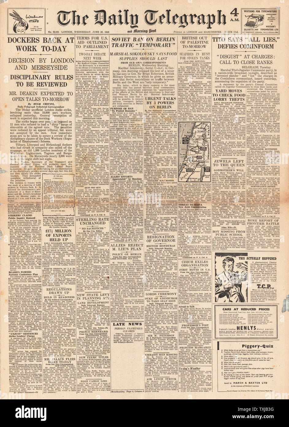 1948 Daily Telegraph Zeitung Titelseite Berliner Luftbrücke Stockfoto