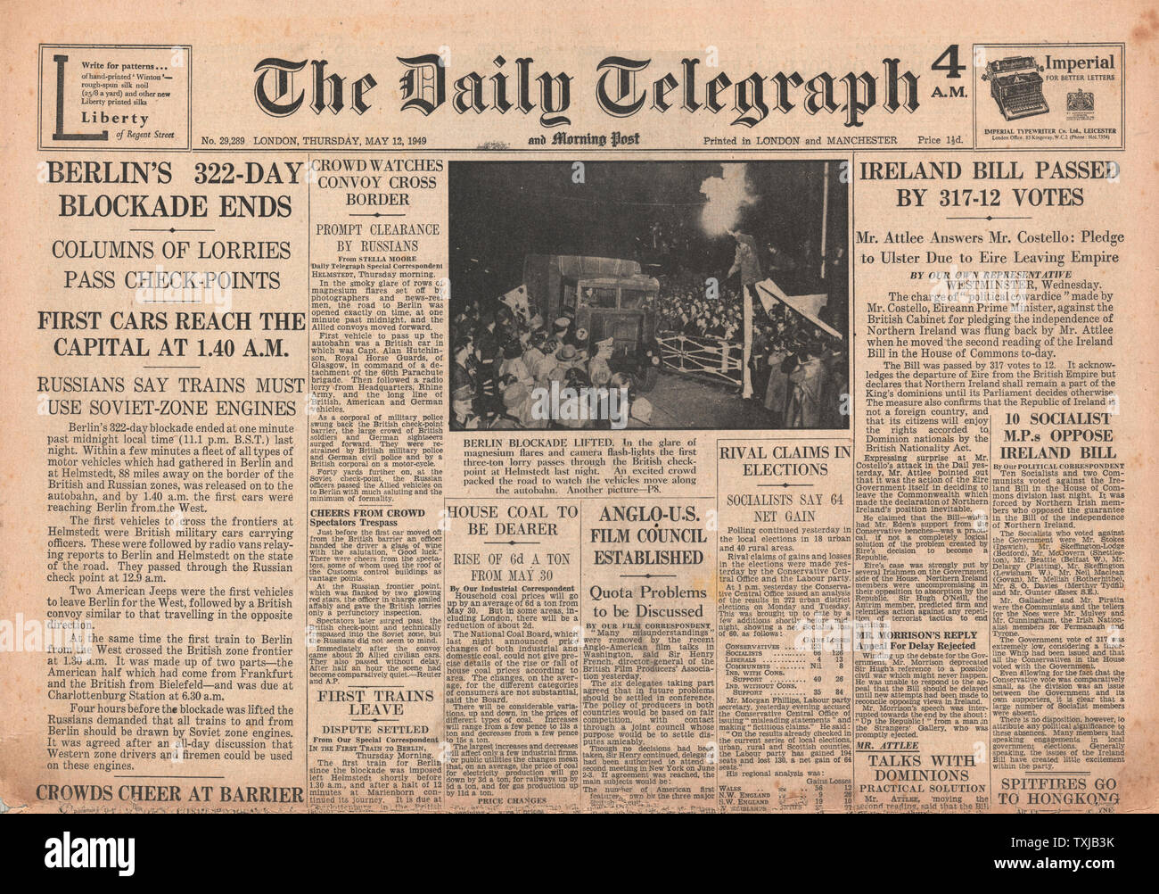 1949 Daily Telegraph Zeitung Titelseite Berliner Luftbrücke Stockfoto