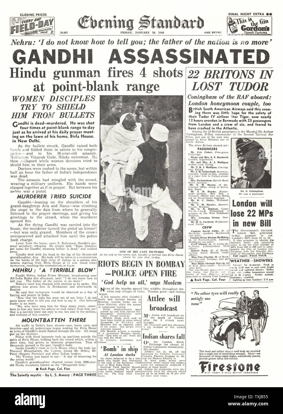 1948 Evening Standard Zeitung Titelseite Mahatma Ghandi ermordet wurde. Stockfoto