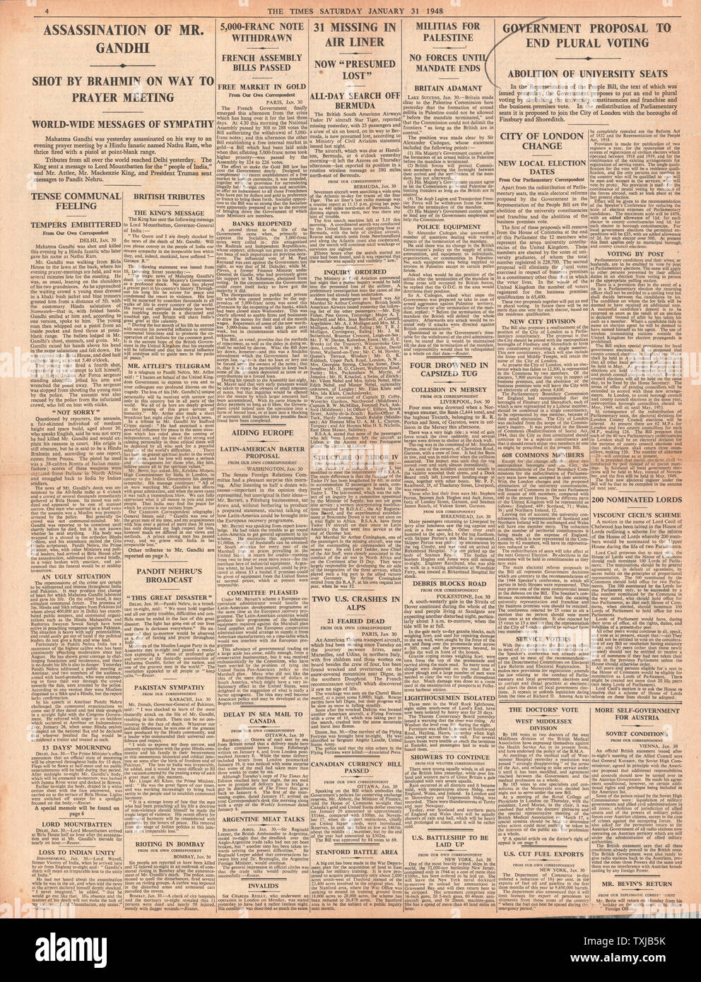 1948 der Zeitung The Times Seite 4 Mahatma Gandhi ermordet wurde. Stockfoto