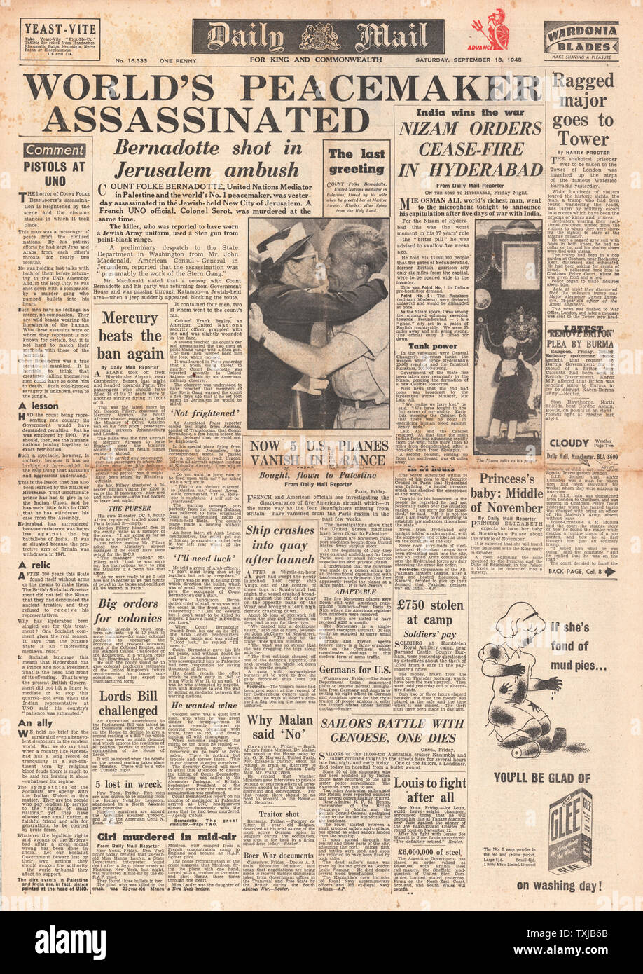 1948 Daily Mail Zeitung Titelseite Ermordung des United Nation Vermittler Graf Folke Bernadotte Stockfoto
