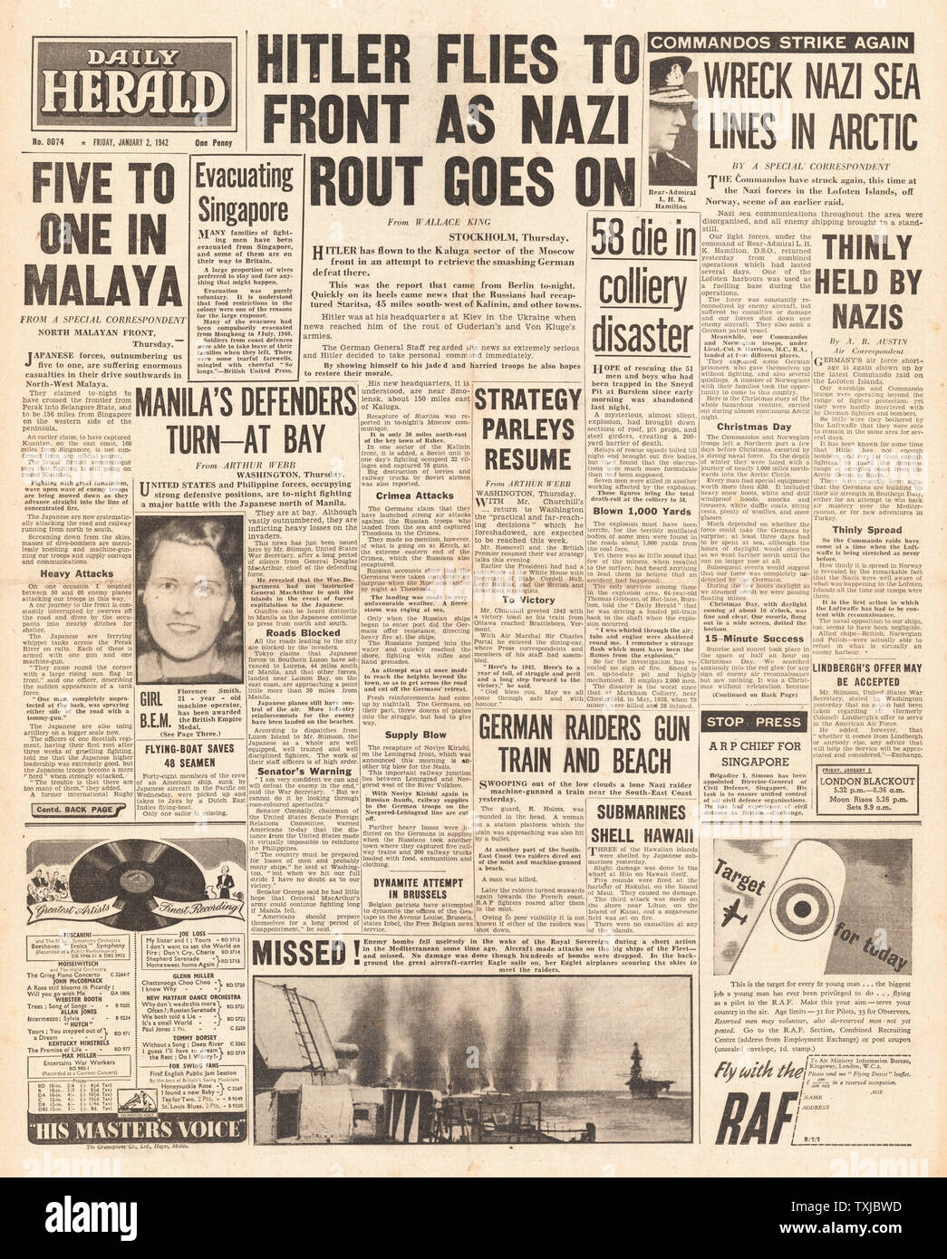 1942 Front Page Daily Herald Hitler fliegt nach russischen Front, Schlacht um Manila, Mining Disaster bei Sneyd Zeche und British Commandos raid die Lofoten Stockfoto