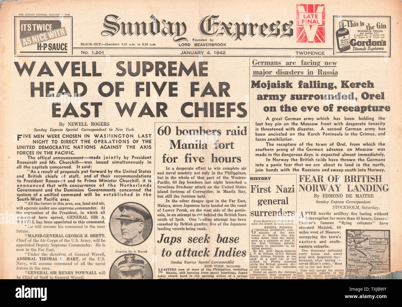 1942 Titelseite Sunday Express General Wavell ernannte Far East Commander Stockfoto