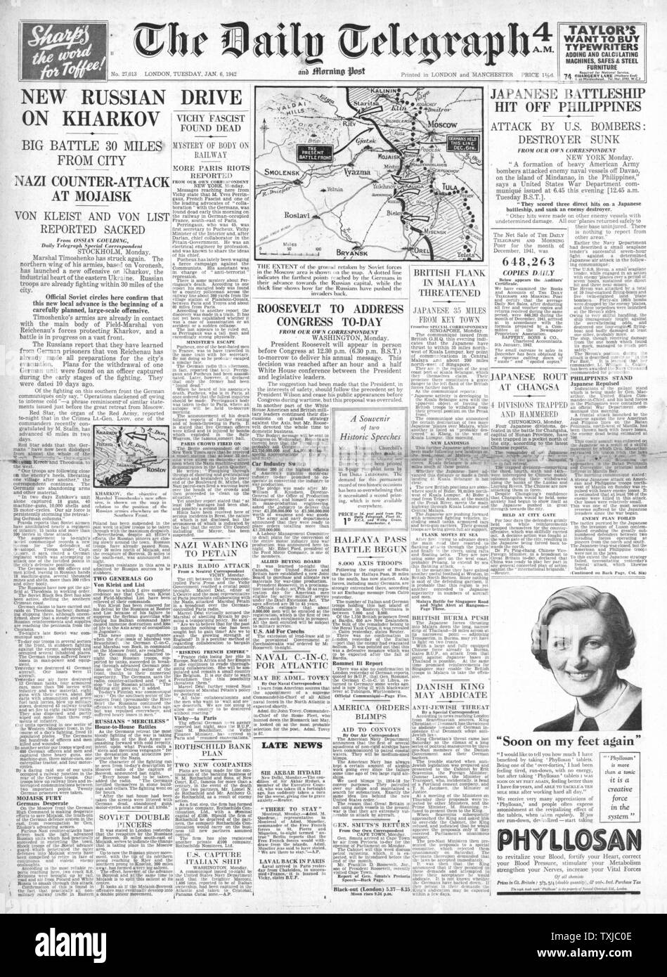 1942 Front Page Daily Telegraph russische Armee voraus auf Charkow und Kampf für die Philippinen Stockfoto