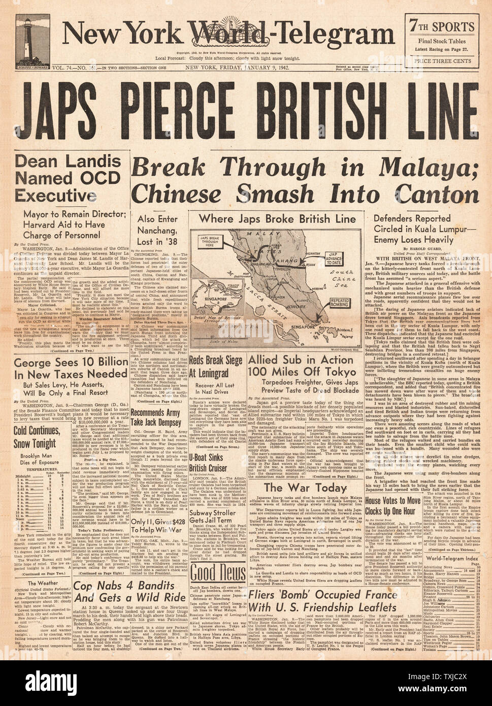 1942 Front page New York World Telegramm japanische Armee voraus in Malaya und chinesischen Armee Kanton Erlangen Stockfoto