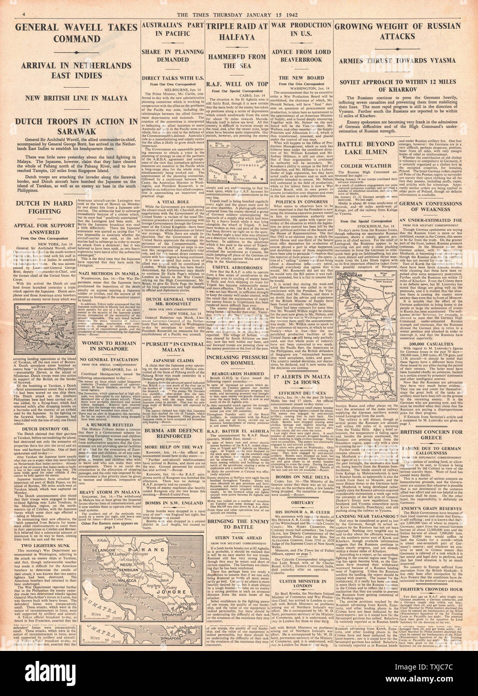 1942 Seite 4 die Times General Wavell übernimmt das Kommando im Fernen Osten, RAF Bombe Halfaya und die russische Armee halten weiter auf Charkow Stockfoto