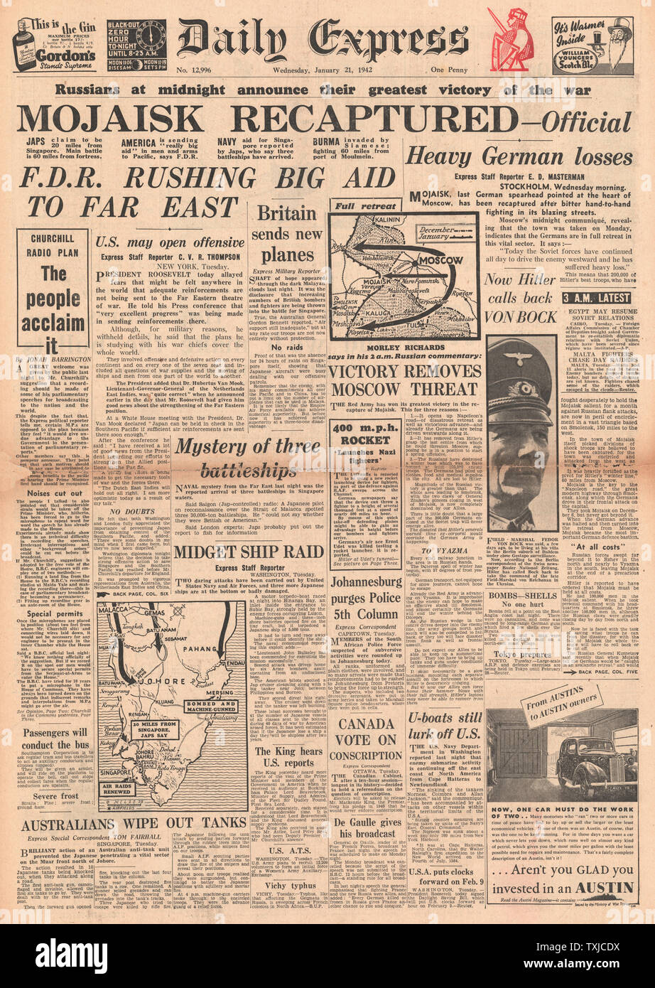 1942 Titelseite Daily Express Russische Armee erobert Mojaisken und Schlacht um Singapur Stockfoto