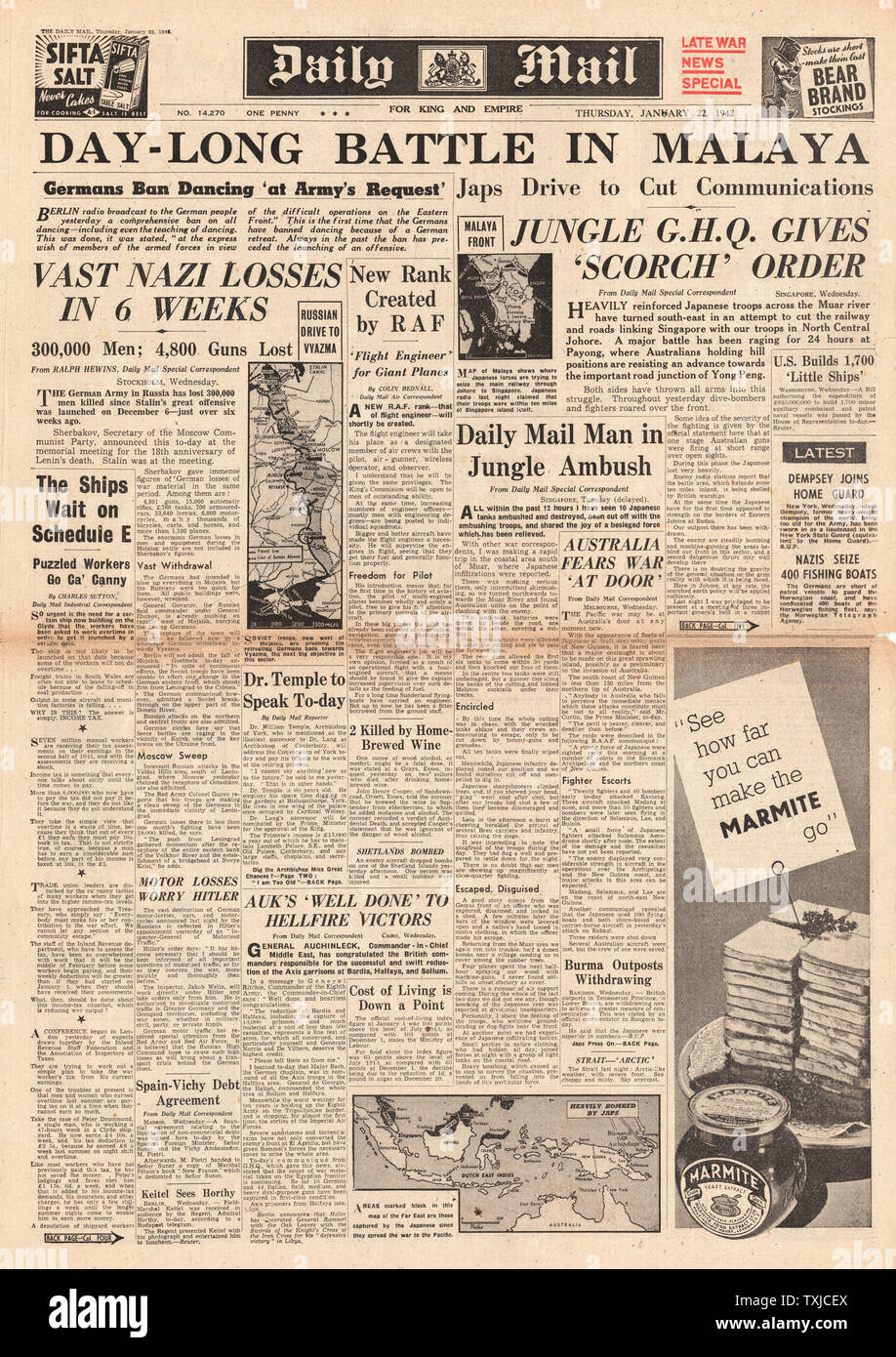 1942 Front Page Daily Mail Kampf um Malaya Stockfoto