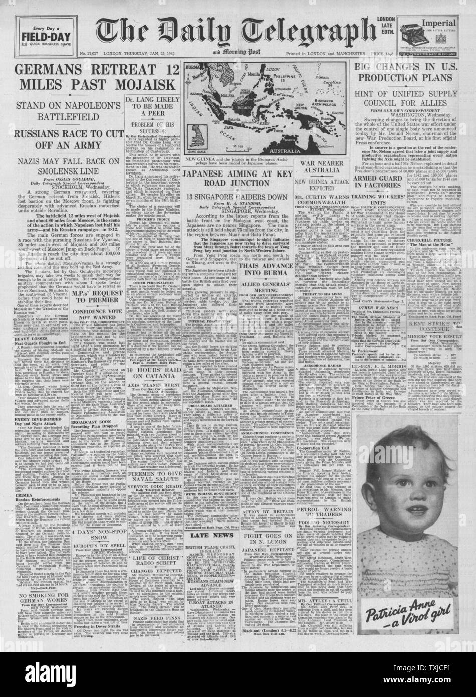 1942 Front Page Daily Telegraph deutscher Rückzug an Mojaisk und Kampf um Malaya Stockfoto