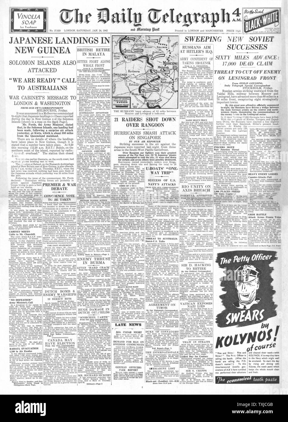 1942 Front Page Daily Telegraph japanischen Truppen dringen in neue Großbritannien Insel Stockfoto