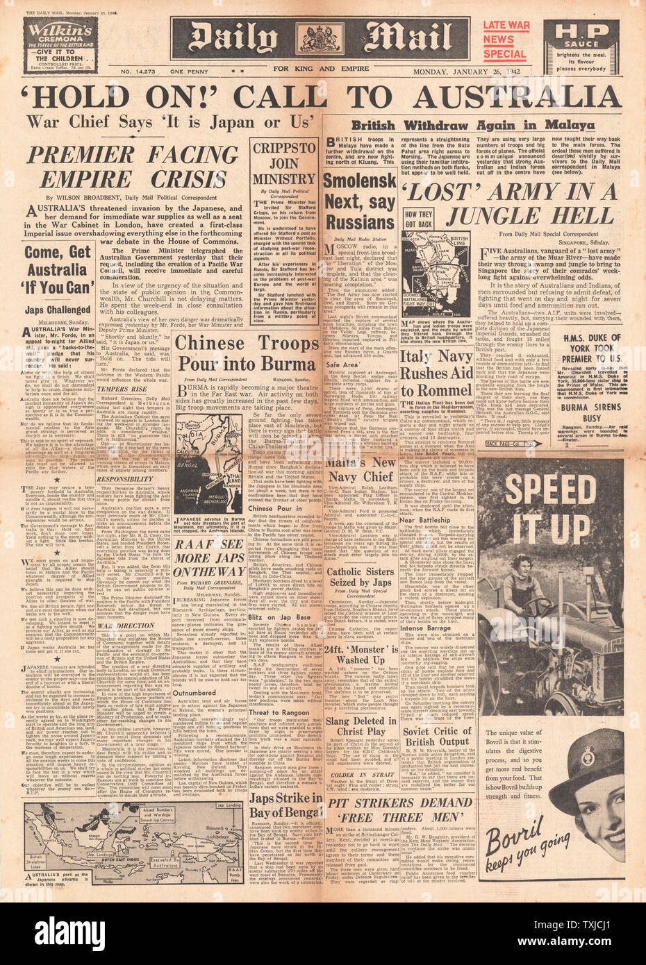 1942 Front Page Daily Mail Britische Regierung Unterstützung Australien Stockfoto