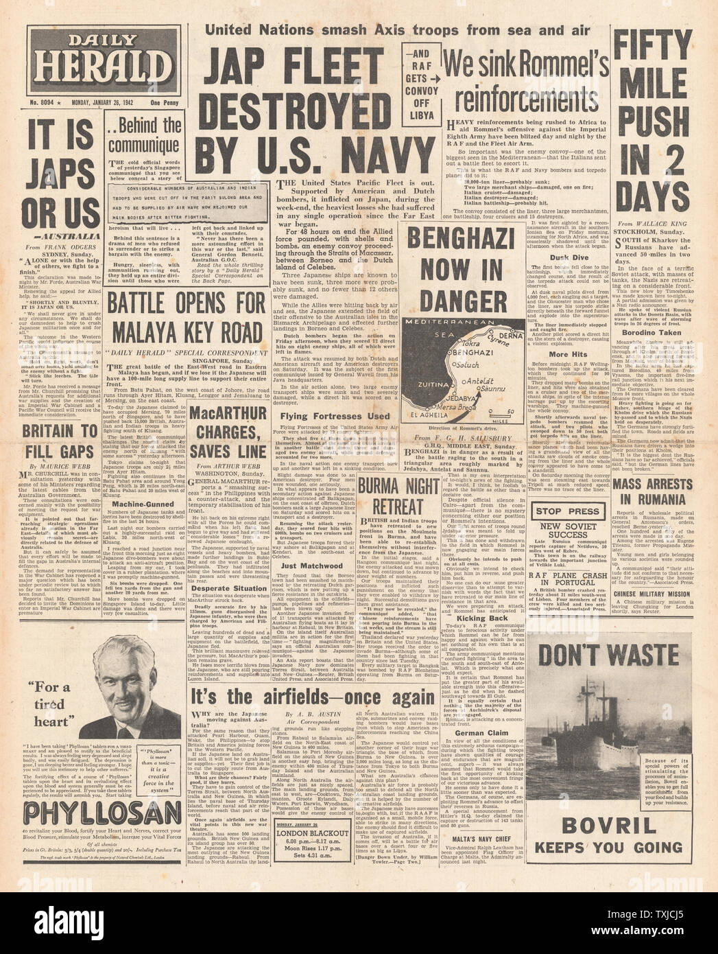 1942 Front Page Daily Herald Japanische Flotte beschädigt durch die Alliierten Marine und Flugzeuge Stockfoto