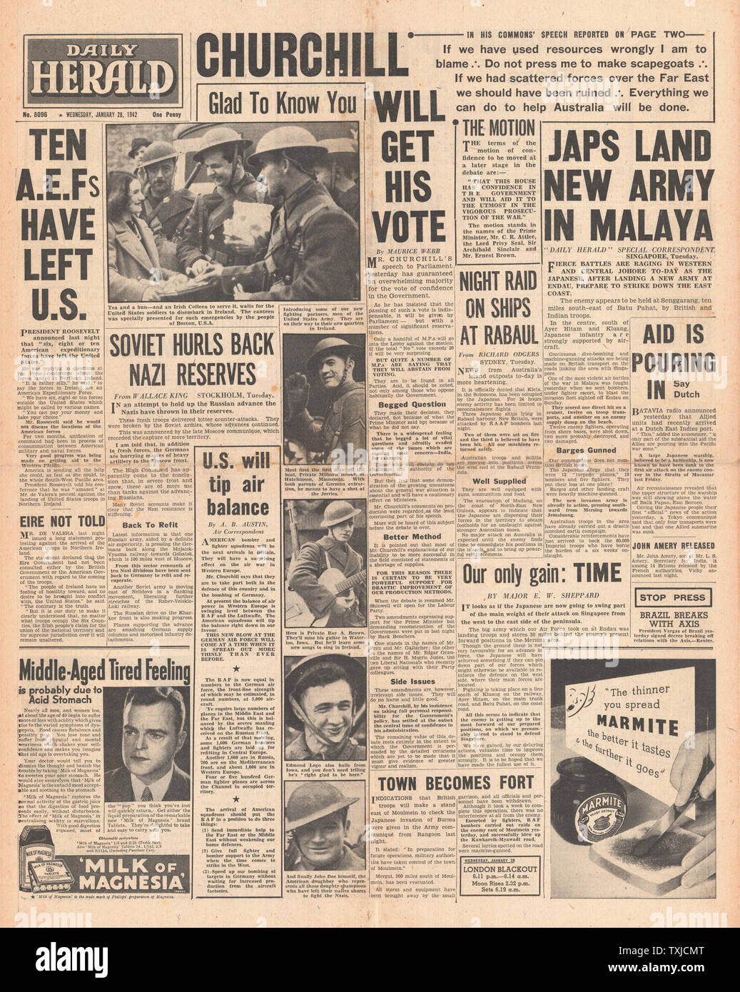1942 Front Page Daily Herald Mehr japanische Truppen landen in Malaya und RAF Angriff japanischer Versand Stockfoto