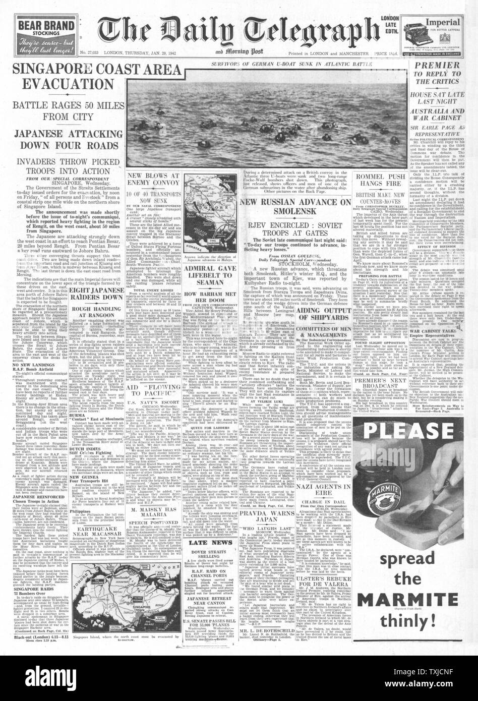 1942 Front Page Daily Telegraph Evakuierung von Zivilisten aus Singapur und Russischen Armee voraus in Smolensk Stockfoto