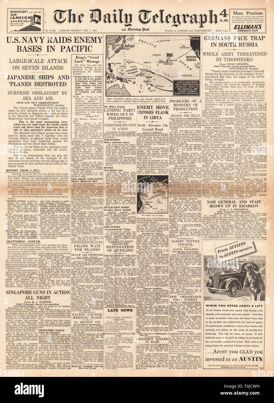 1942 Front Page Daily Telegraph U.S. Navy bombardiert Südseeinseln Stockfoto