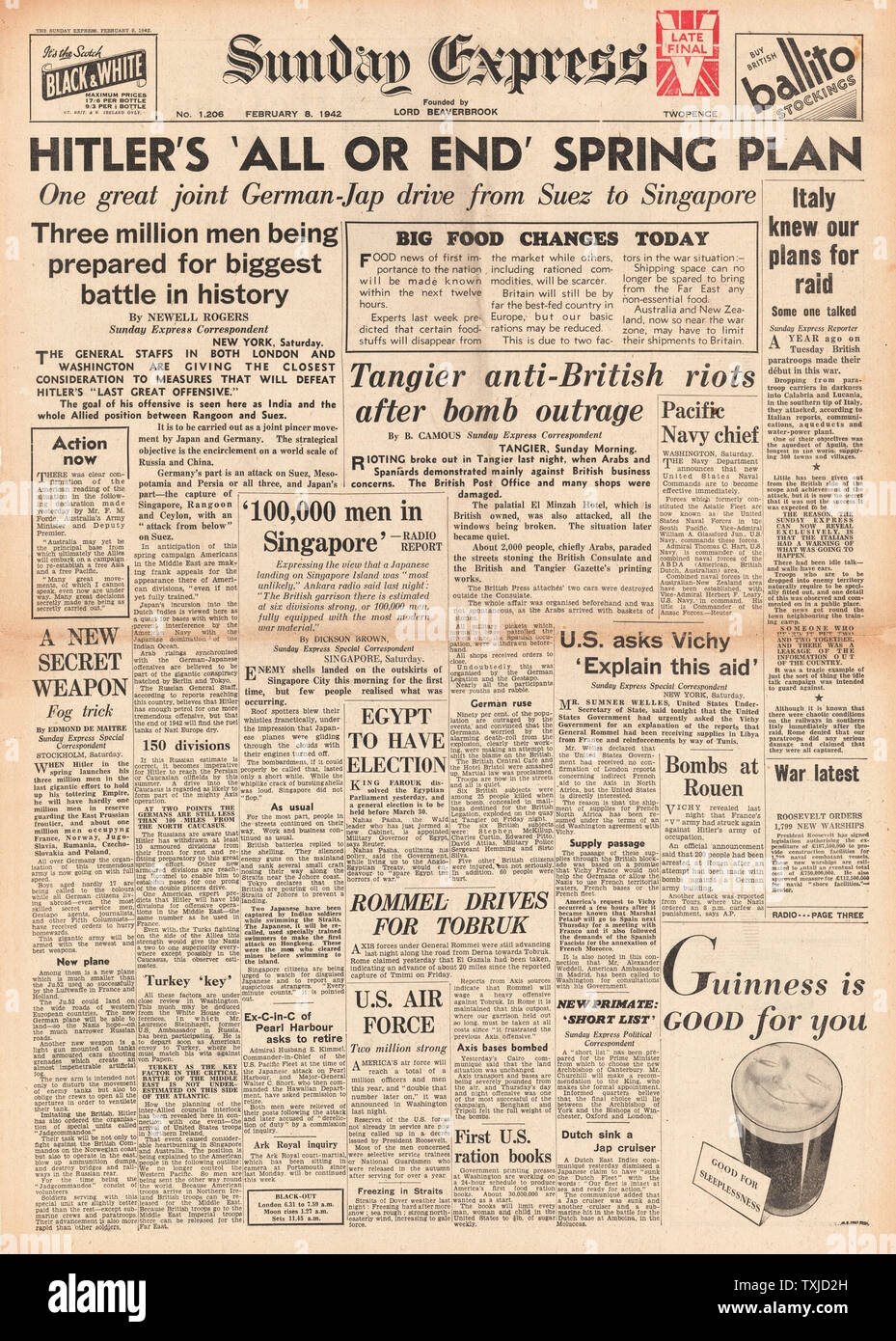 1942 Front page Sunday Express Hitlers Spring Offensive Plan Stockfoto