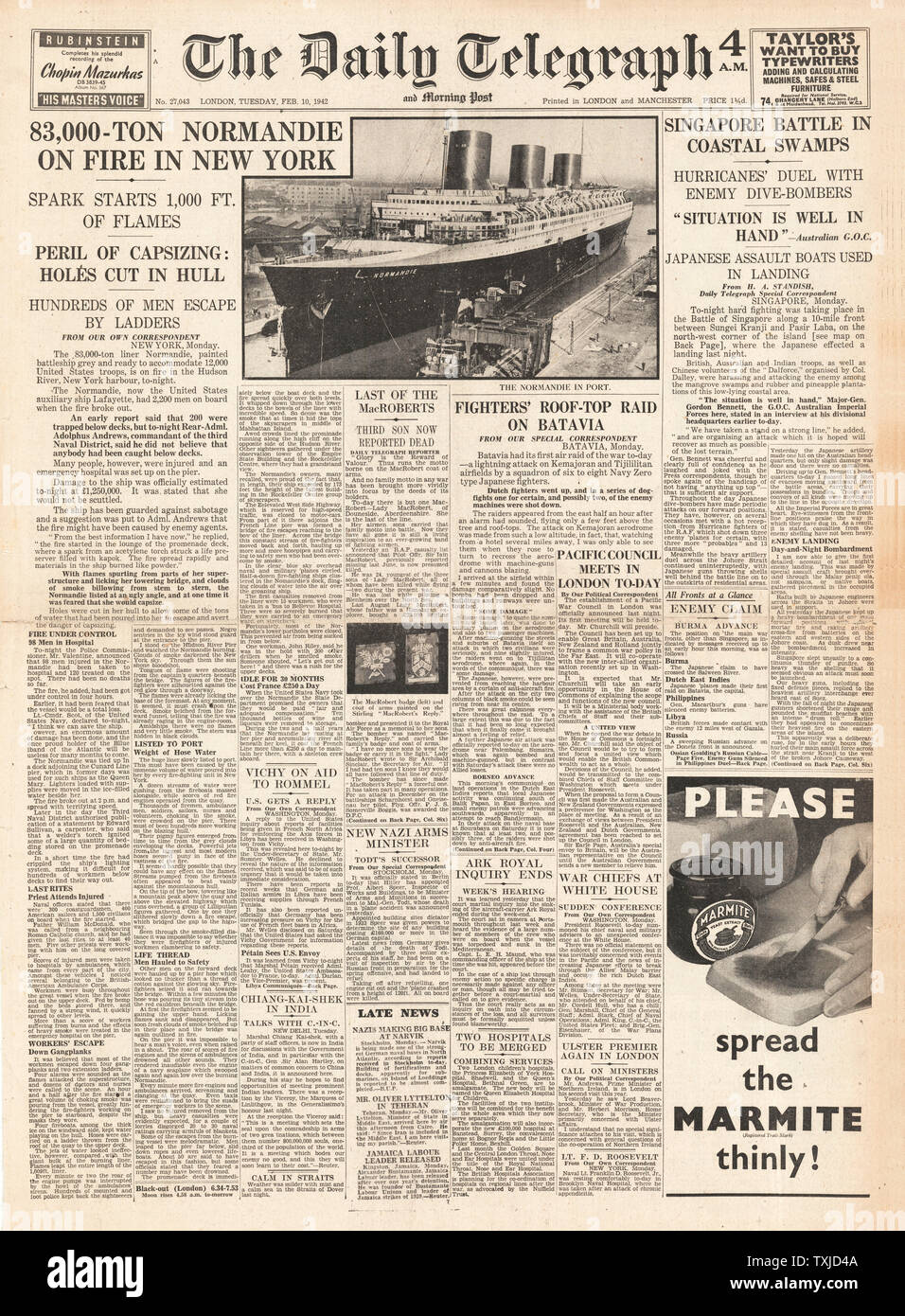 1942 Front Page Daily Telegraph Liner Normandie Feuer fängt in den Hafen von New York und Schlacht um Singapur Stockfoto