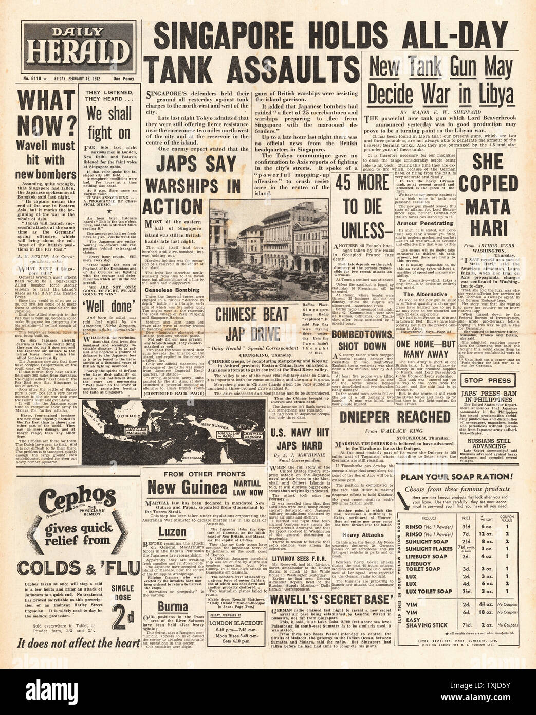 1942 Front Page Daily Herald Schlacht von Singapur Stockfoto