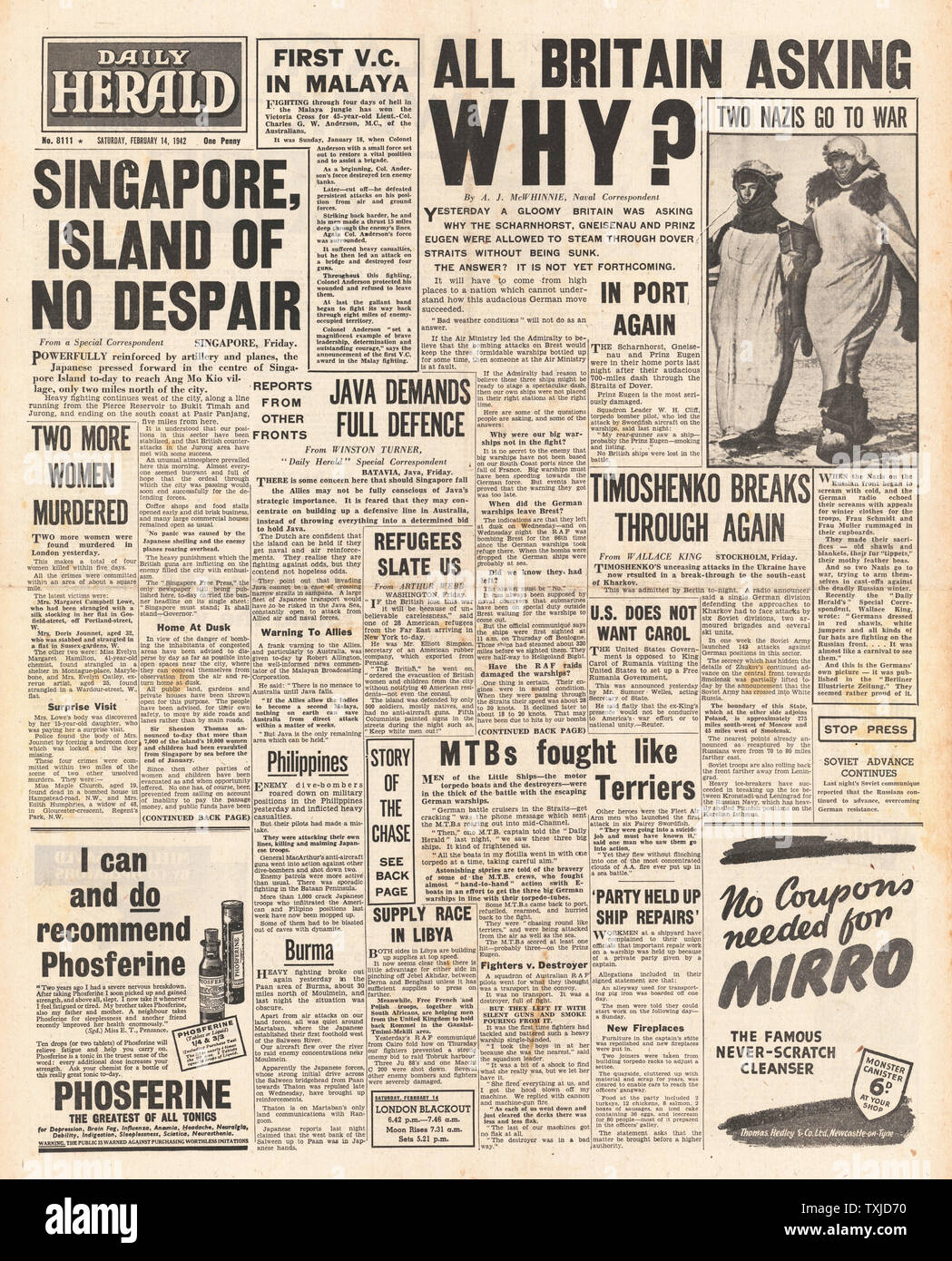 1942 Front Page Daily Herald Schlacht um Singapur und Channel dash von deutschen Kriegsschiffe Scharnhorst, Gneisenau und Prinz Eugen Stockfoto