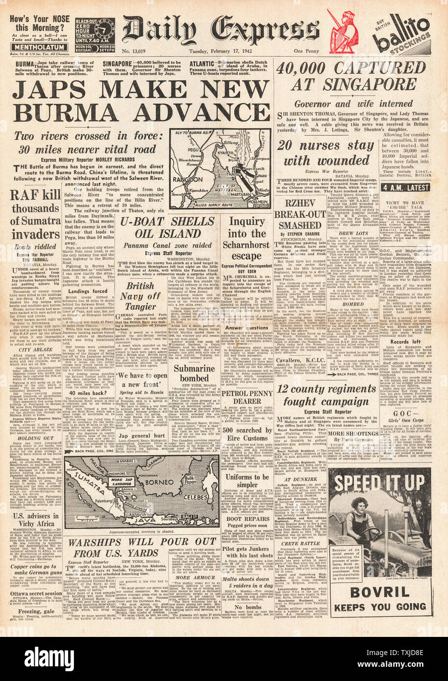 1942 Titelseite Daily Express Japanische Armee Vormarsch in Burma, alliierte Gefangene in Singapur und U-Boot U156 beschießen die Insel Aruba Stockfoto