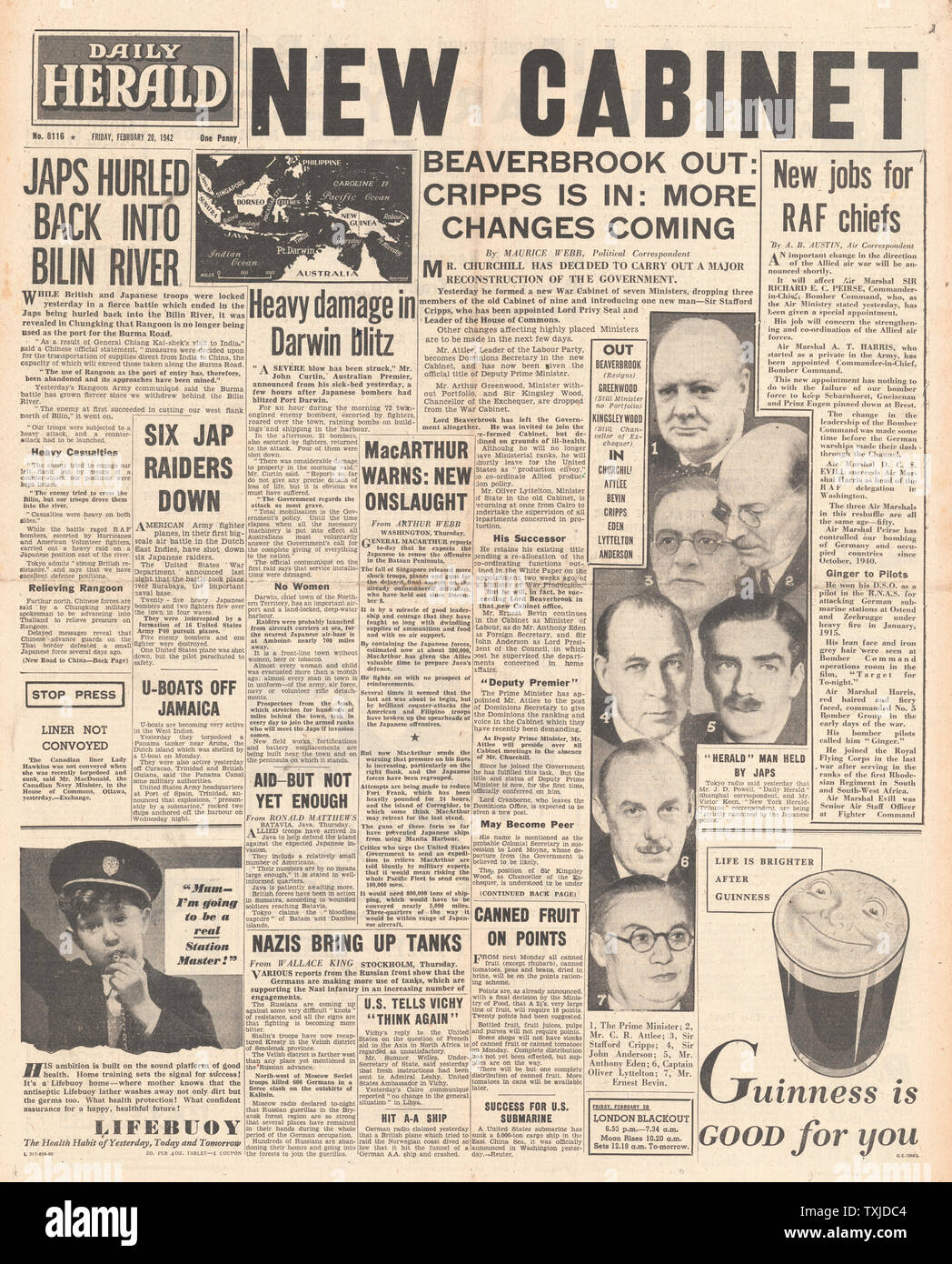 1942 Front Page Daily Herald Britische Regierung Kabinettsumbildung und Kampf für Birma Stockfoto