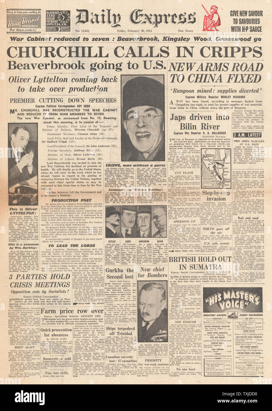 1942 Front Page Daily Express Britische Regierung Kabinettsumbildung und Kampf für Birma Stockfoto