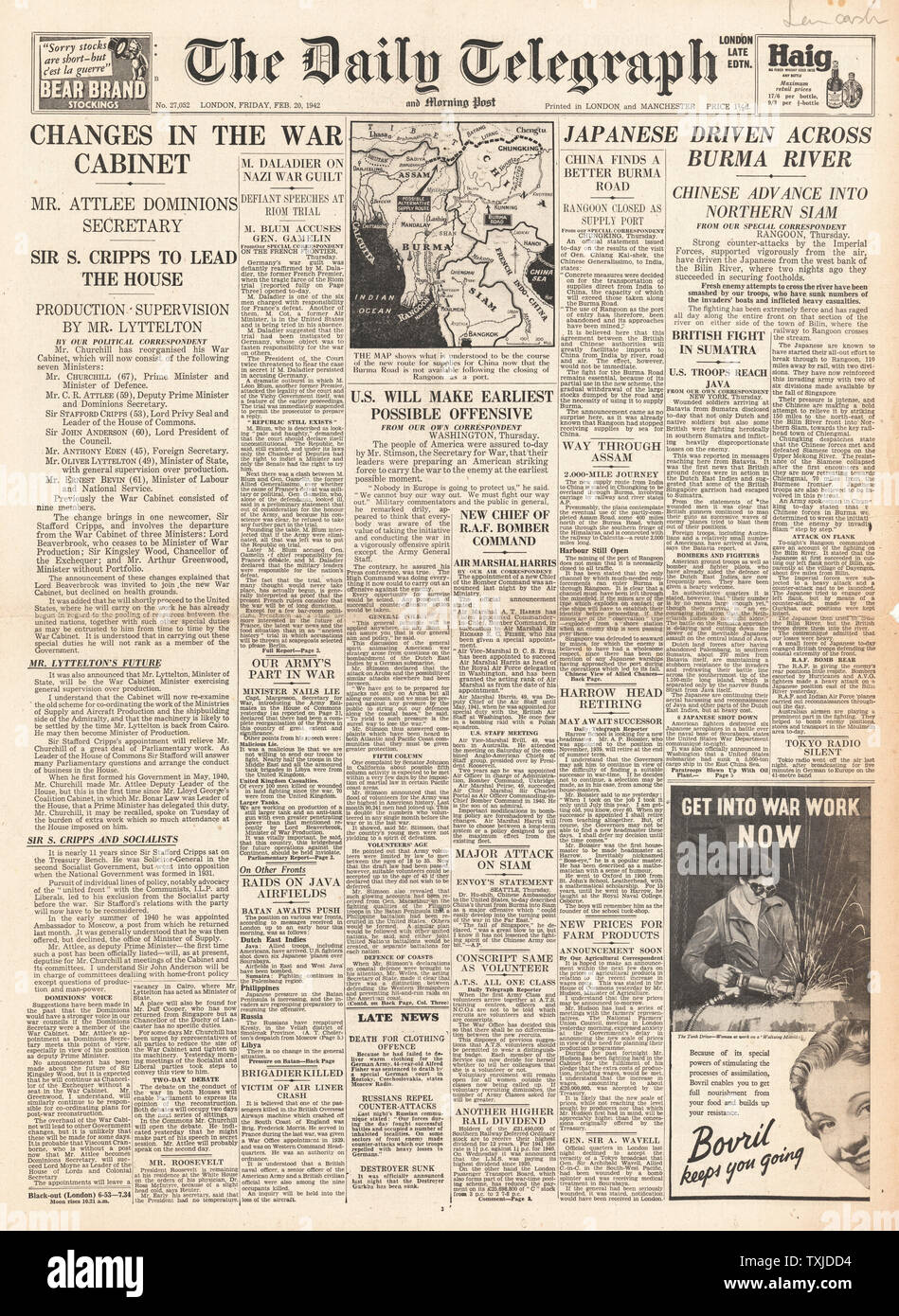 1942 Front Page Daily Telegraph Britische Regierung Kabinettsumbildung und Kampf für Birma Stockfoto