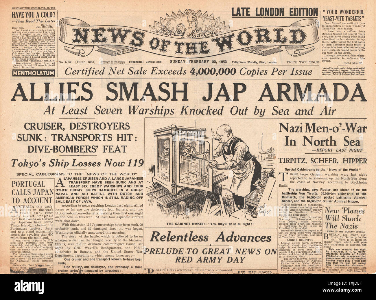 1942 Startseite Nachrichten der Welt alliierte Schiffe und Flugzeuge Angriff japanische Flotte aus Bali und Belagerung von Leningrad Stockfoto