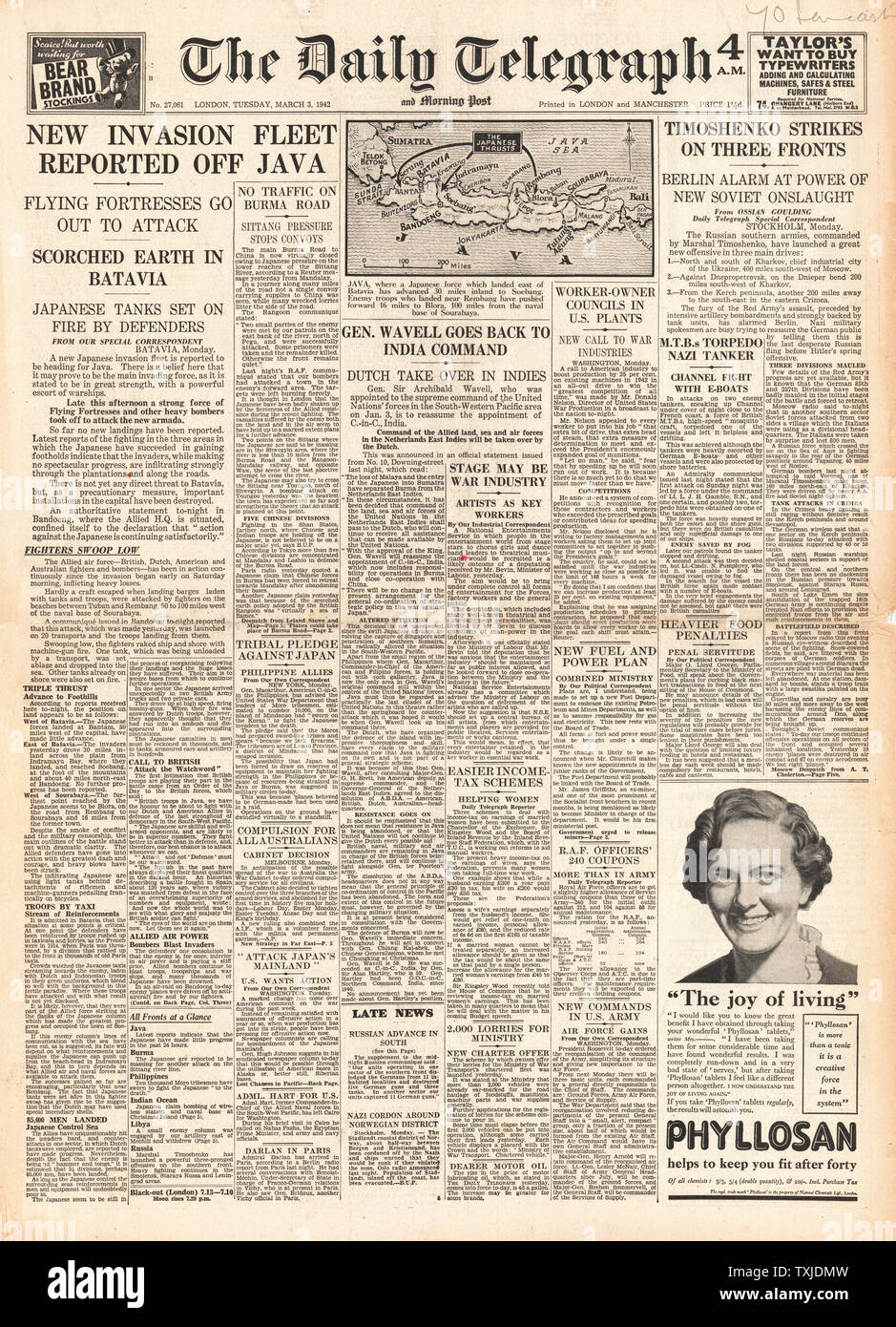 1942 Front Page Daily Telegraph Schlacht für Java und General Archibald Wavell übertragen nach Indien Stockfoto