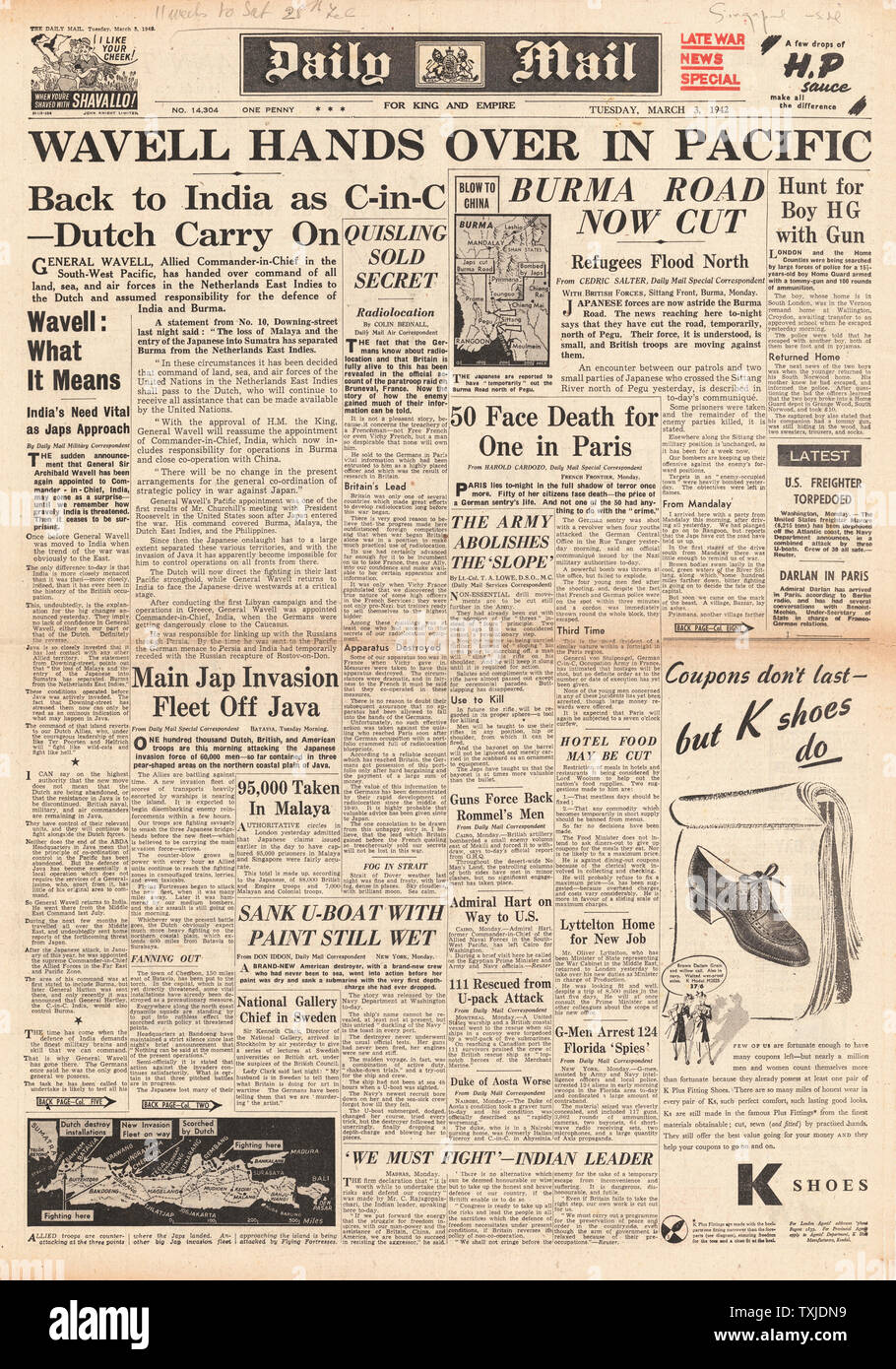 1942 Front Page Daily Mail Schlacht für Java und General Archibald Wavell übertragen nach Indien Stockfoto