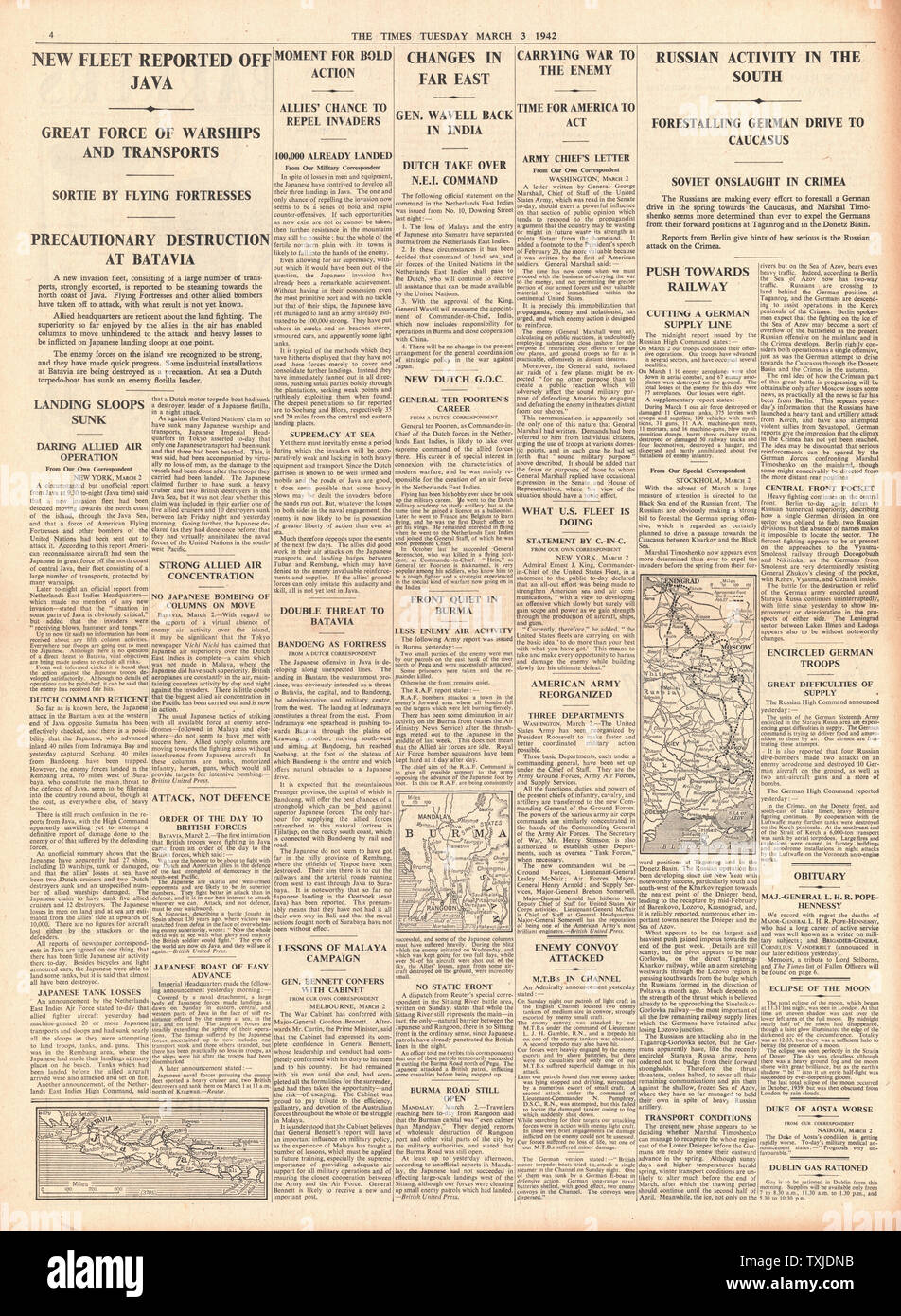 1942 Seite 4 Die Zeiten Schlacht für Java und General Archibald Wavell nach Indien überwiesen Stockfoto