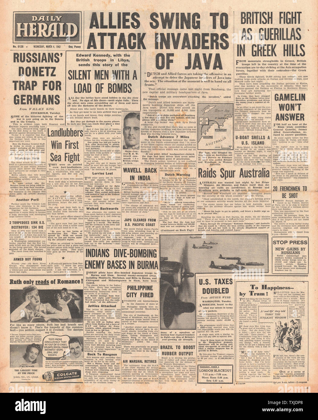 1942 Front Page Daily Herald Schlacht für Java Stockfoto