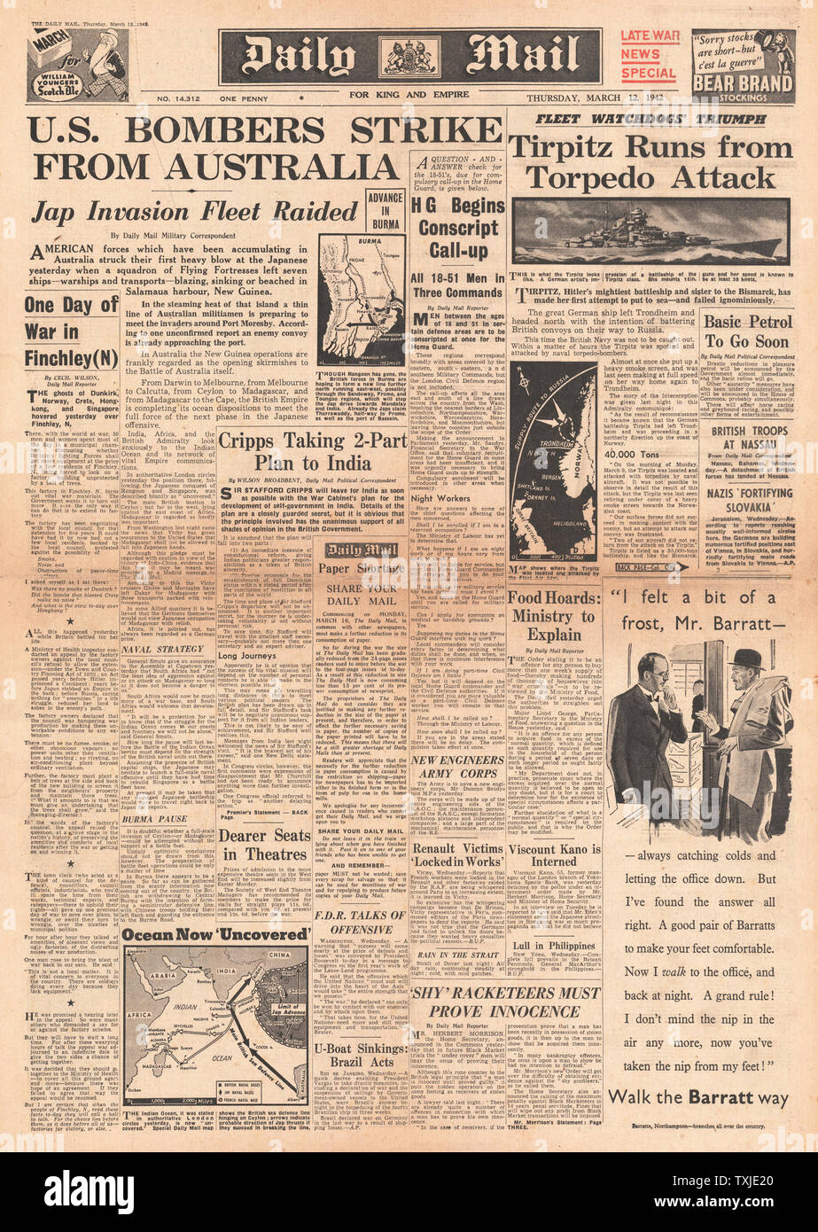 1942 Front Page Daily Mail Schlacht für Neuguinea, die Wehrpflicht für die Home Guard und Battleship Tirpitz durch Torpedo Bomber angegriffen Stockfoto