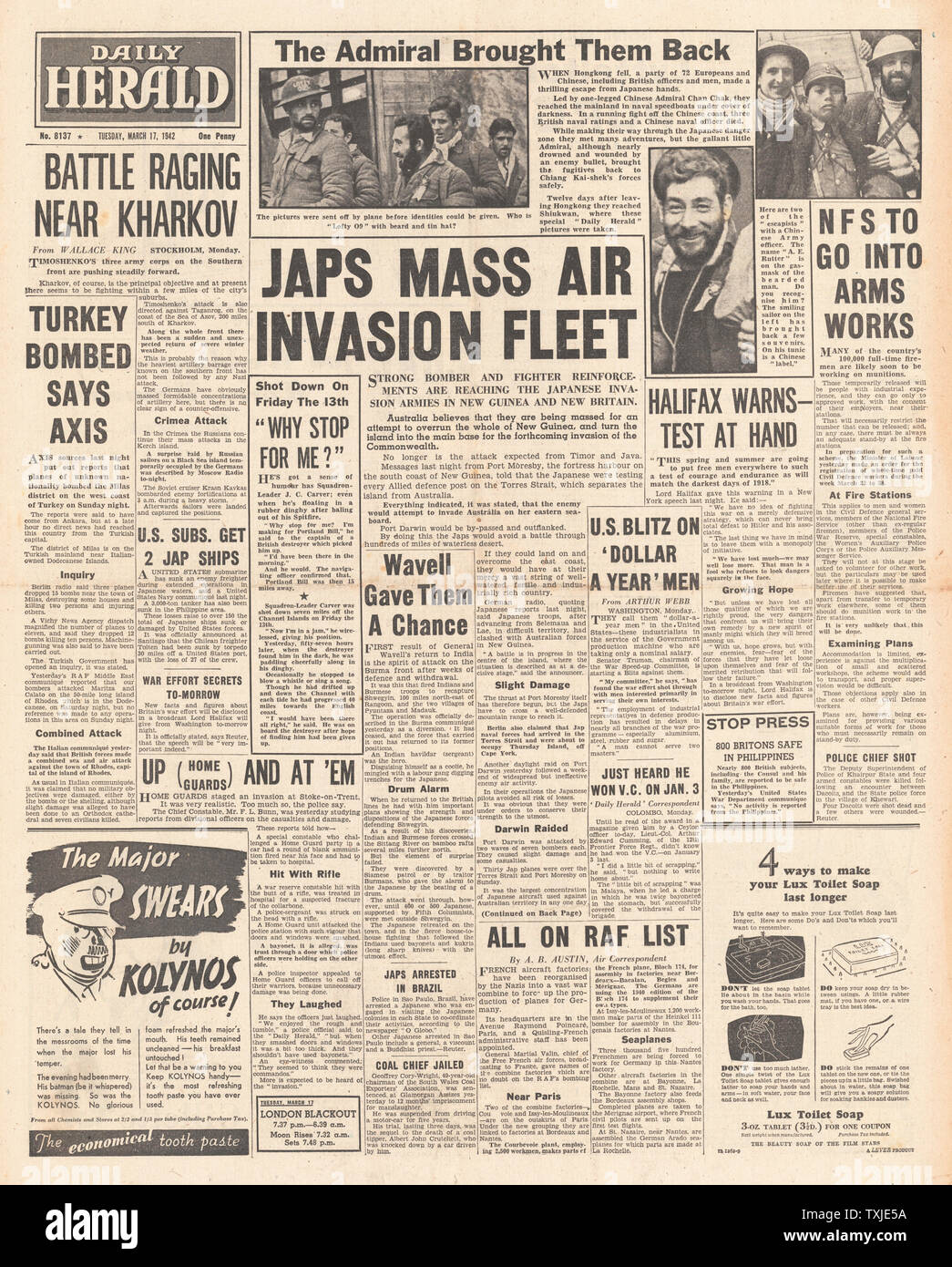 1942 Front Page Daily Herald Japanischen Marine bedrohen Australien und Schlacht um Charkow Stockfoto